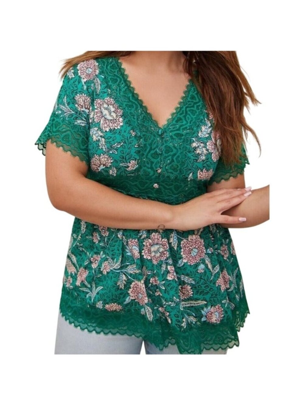 Torrid Super Soft Babydoll Lace Accent Green Floral Top Size 2